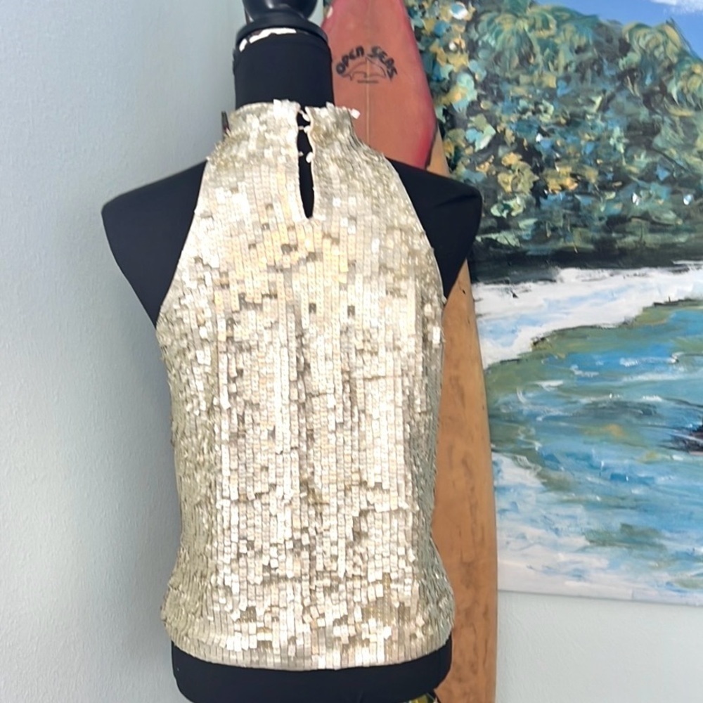 White House Black Market Champagne Sequin Paillette Halter Top Y2K Glam Size M - Picture 2 of 12